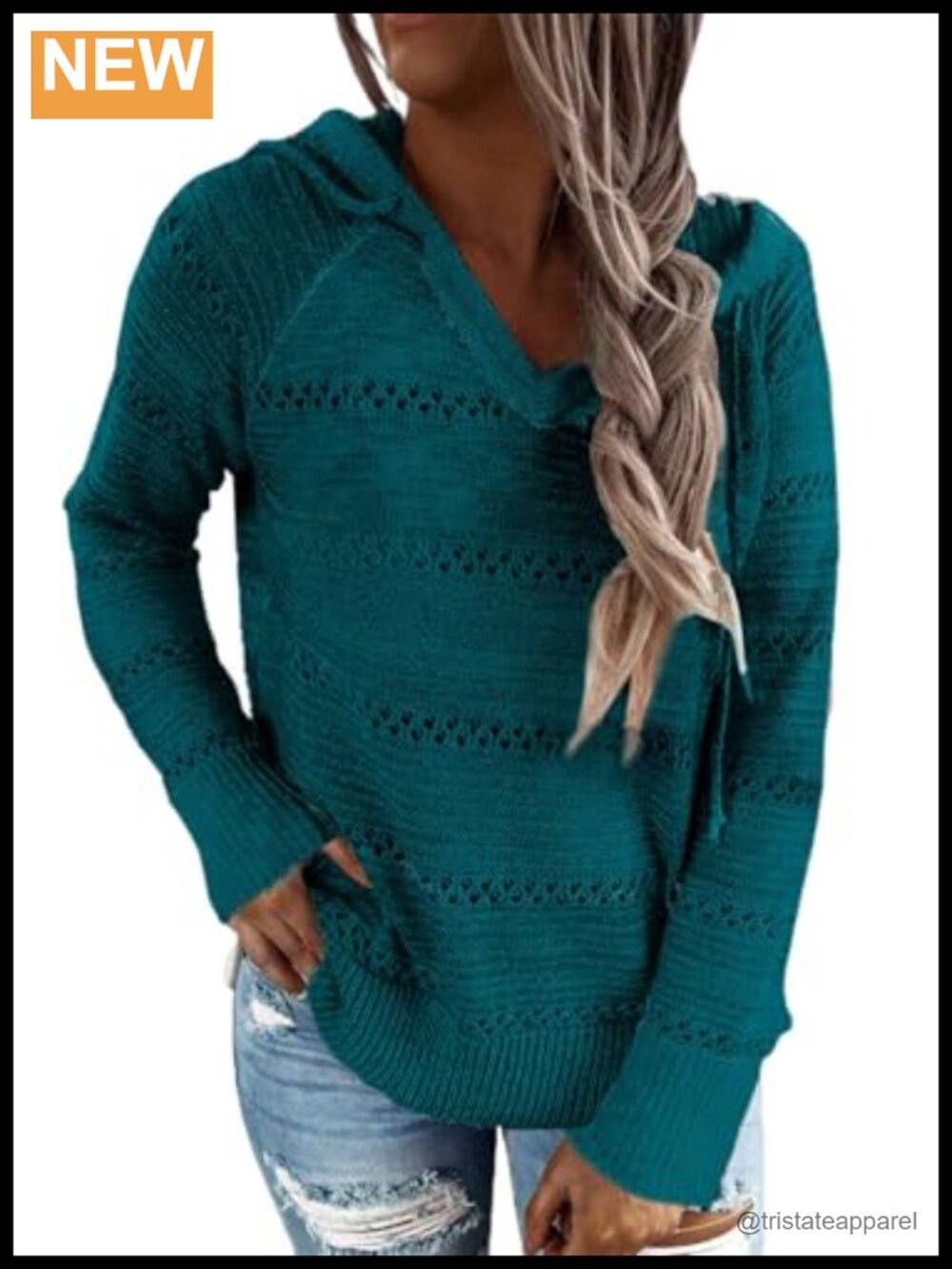 Womens Striped Crochet Hooded Sweater Pullover Long Sleeve Casual